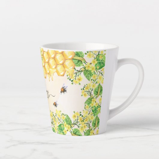 Bumble beien honey yellow florals name script latte mok (Rechts)