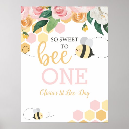 Bumblebee eerste verjaardag van de roze bloem poster (Voorkant)