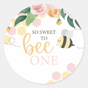 Bumblebee eerste verjaardag van de roze bloem ronde sticker