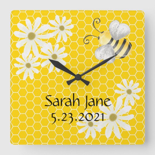 Bumblebee met Honeycomb en Daisies Signature Vierkante Klok (Voorkant)