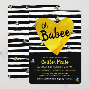 Bumblebee Oh Babee Yellow Black White Baby shower Kaart