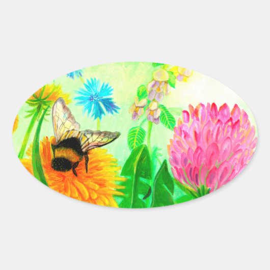 Bumblebee op dandelion ovale sticker (Voorkant)