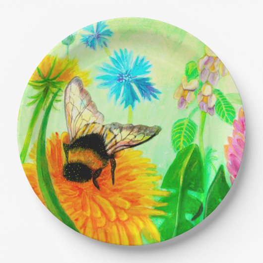 Bumblebee op dandelion papieren bordje (Voorkant)