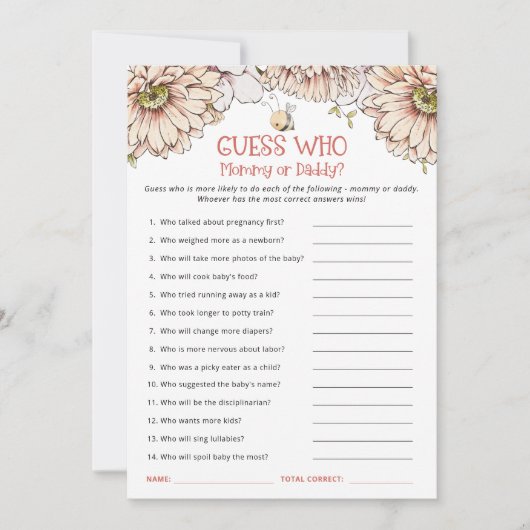 Bumblebee raad wie mam of pap Baby shower spel Bedankkaart (Voorkant)