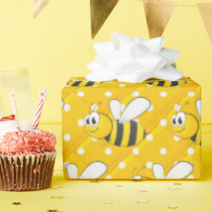 Bumblebei op gele en witte pokadots cadeaupapier