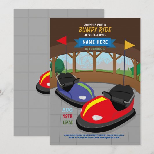 Bumper Cars Invitation Anniversaire Fairground Fai (Devant / Derrière)
