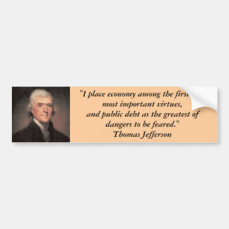 Bumpersticker: Thomas Jefferson over het schuldenv Bumpersticker