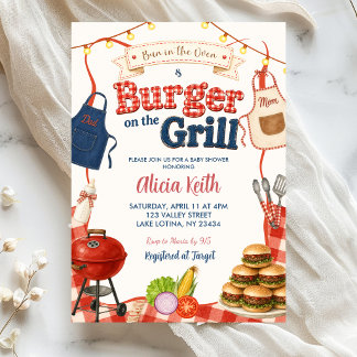 Bun & Burgers Gingham BBQ Coed Baby Shower Kaart