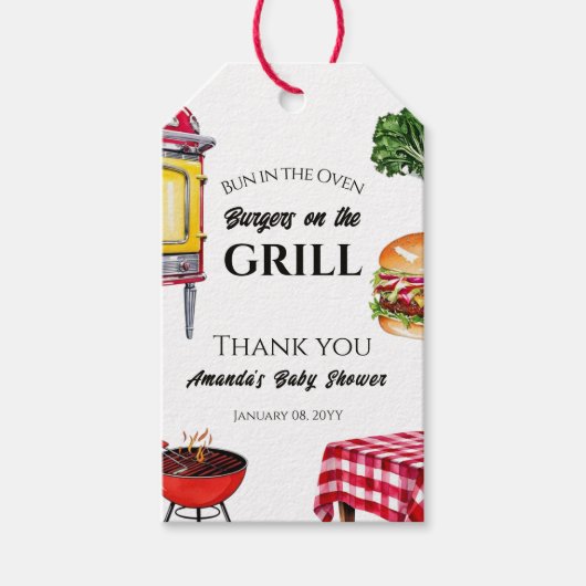 Bun in de oven BBQ Burger op Grill Baby shower Cadeaulabel (Voorkant)