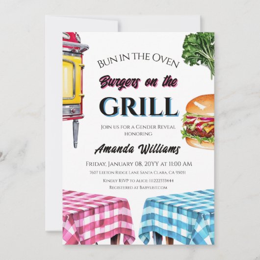 Bun in Oven Burger op Grill BBQ Genderonthulling Kaart (Voorkant)