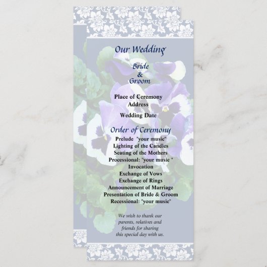 Bunch van Paarse en witte pansies bruiloft program Programma (Voorkant / Achterkant)