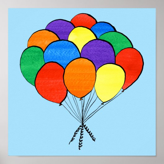 Bunch van regenbooggekleurde ballonnen op lichtbla poster (Voorkant)
