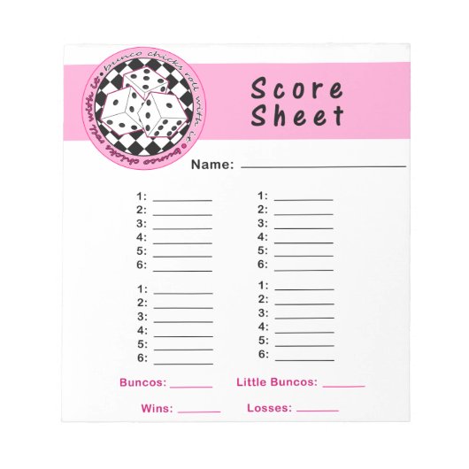 Bunco Chicks Roll met it Score Kaart Notitieblok R (Voorkant)