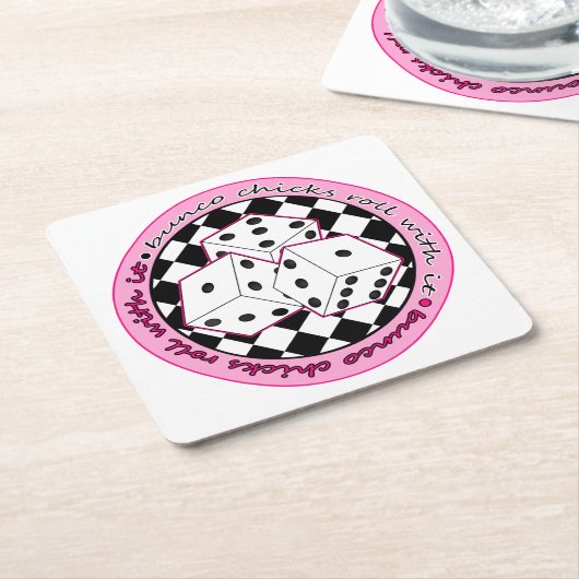 Bunco Chicks Roll with it - roze Vierkante Kartonnen Onderzetter (Schuin)