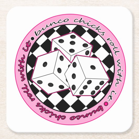 Bunco Chicks Roll with it - roze Vierkante Kartonnen Onderzetter (Voorkant)