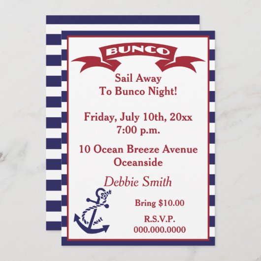 Bunco Invite - Rood, Wit en Blauw Kaart (Voorkant / Achterkant)