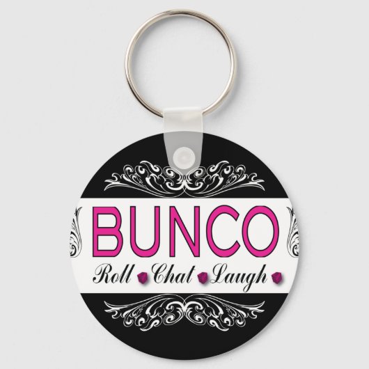 Bunco, Roll, Chat, Laugh in Pink, Black en White Sleutelhanger (Voorkant)