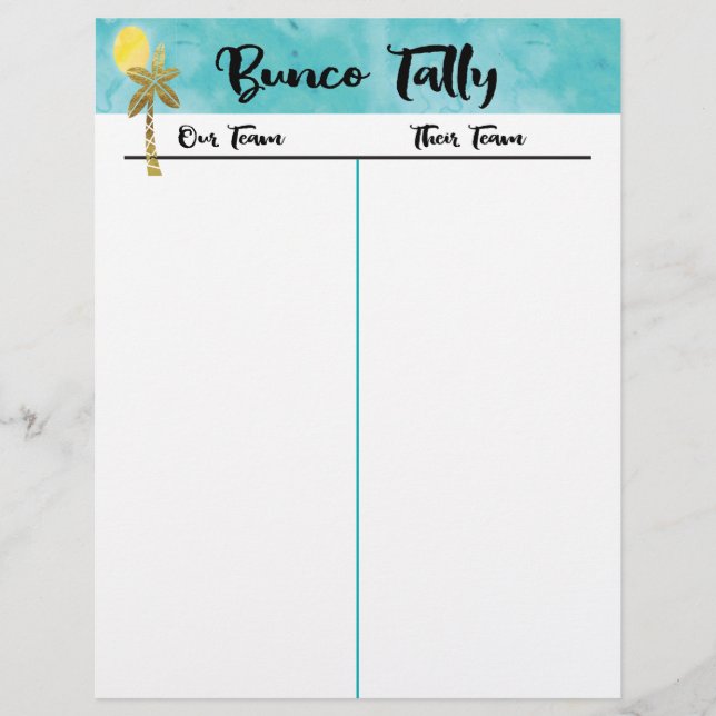 Bunco Tally Sheet - Beach Palm Tree Summer Fun (Voorkant)