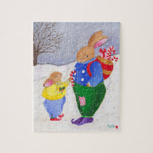 Bunnies de neige avec puzzle de panier de Noël