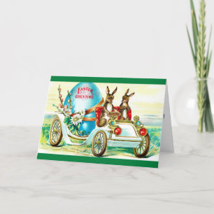 Bunnies de Pâques dans une carte Vintage de voitur