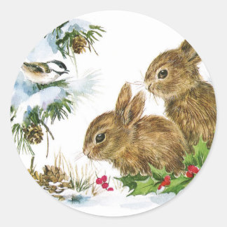 Bunnies en vogel genieten van sneeuw ronde sticker