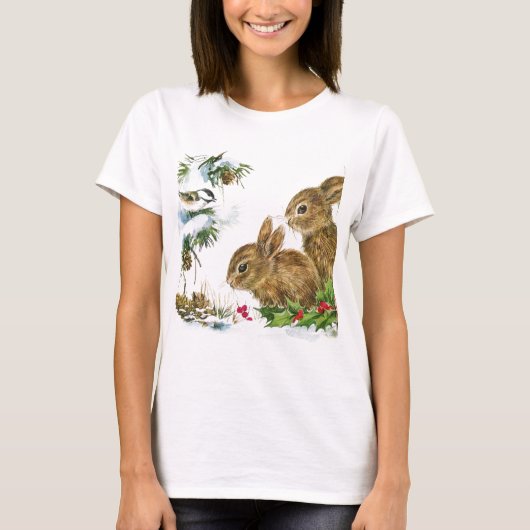Bunnies en vogel genieten van sneeuw t-shirt (Voorkant)
