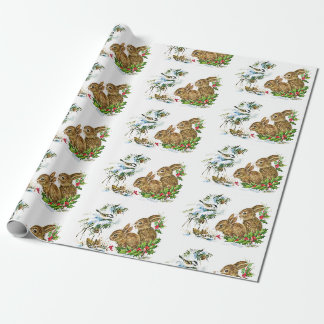 Bunnies en vogels genieten van winterkerst cadeaupapier