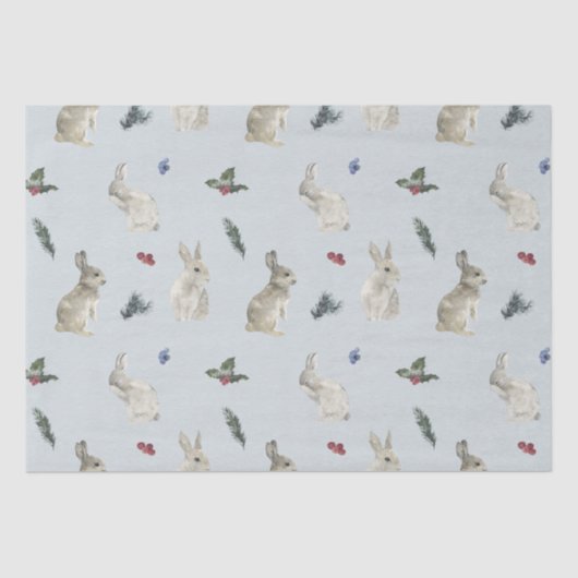 Bunnies, Holly en Berries Blue Tissuepapier (Voorkant)