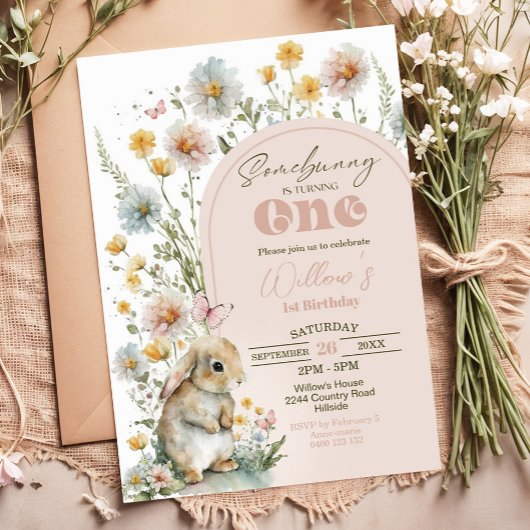Bunny 1er Anniversaire Invitation Fleurs sauvages