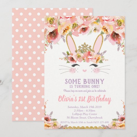 Bunny 1er Anniversaire Invitations Filles Floral R (Devant / Derrière)