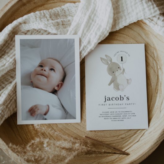 Bunny 1er Anniversaire Photo Invitation Ballons bl