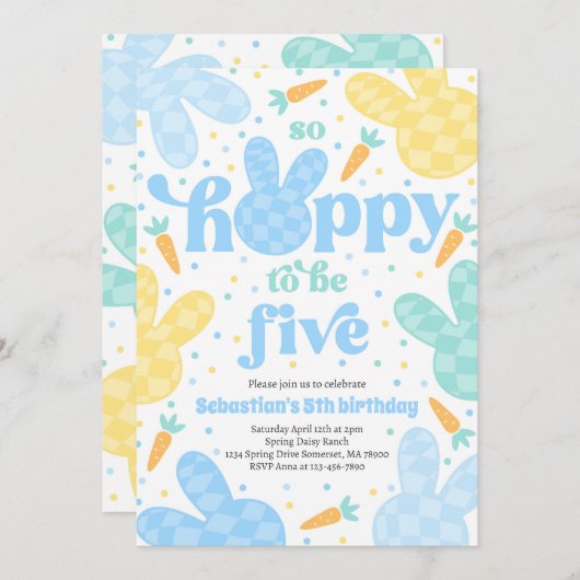 Bunny 5th Birthday Party Spring Boy Bunny Verjaard Kaart (Voorkant / Achterkant)