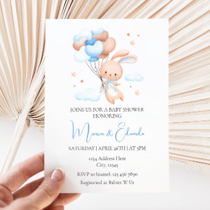 Bunny and Balloons Boy Baby shower Invitation Kaart
