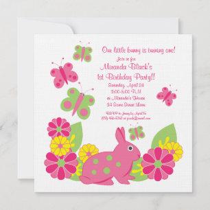 Bunny and Butterflies Girl's Birthday Invitation Kaart