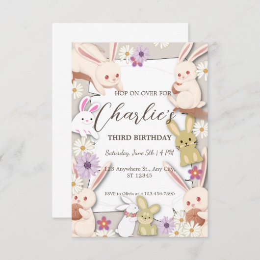 Bunny Anniversaire invitation pour Enfant (Devant / Derrière)
