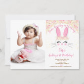 Bunny anniversaire photo invitation rose et or 1er (Devant)