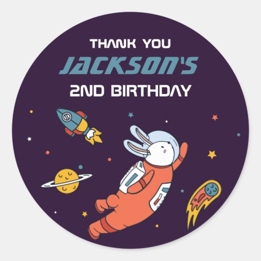 Bunny Astronaut Outer Space Kids Birthday Party Ronde Sticker (Voorkant)