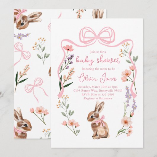 Bunny baby shower invitation fleurs arc rose fille (Devant / Derrière)