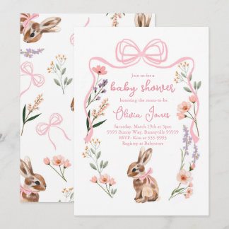 Bunny baby shower invitation fleurs arc rose fille
