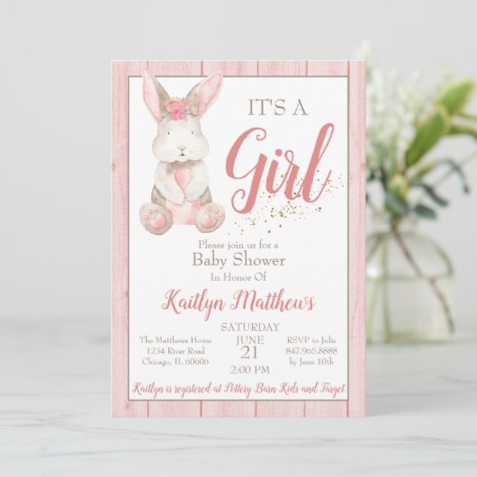 Bunny Baby shower Invitation pour Fille Bébé (Debout devant)