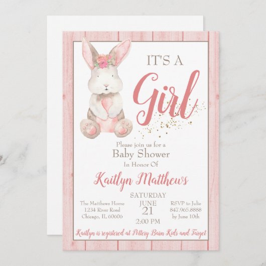 Bunny Baby shower Invitation pour Fille Bébé (Devant / Derrière)