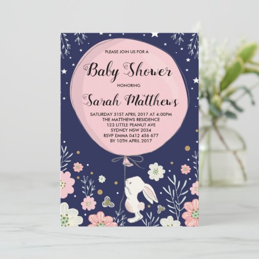 Bunny Baby shower Invitation Rabbit Marine Rose St (Debout devant)