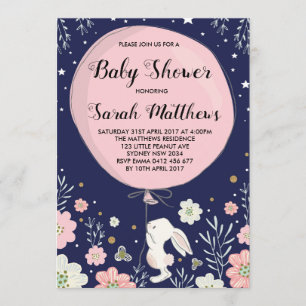 Bunny Baby shower Invitation Rabbit Navy Pink Star Kaart
