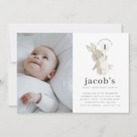 Bunny Balloon Photo 1er Anniversaire Invitation