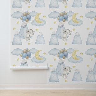 Bunny Balloons Mountains Moon Star Cloud Baby Boy Behang