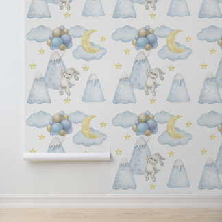 Bunny Balloons Mountains Moon Star Cloud Baby Boy Behang