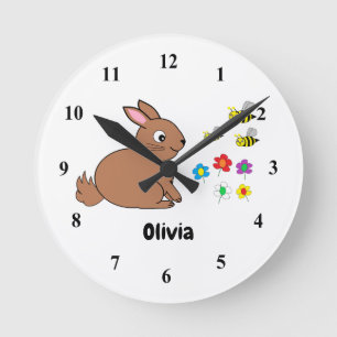 Bunny, bijen en bloemen op een witte acrylklok ronde klok