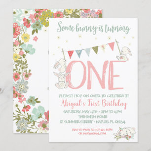 Bunny Birthday Invitation, Bunny First Birthday Kaart