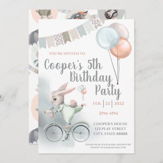 Bunny Birthday Party Invitation Kaart (Voorkant / Achterkant)