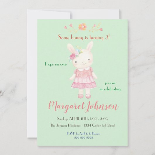Bunny Birthday Uitnodiging pasteel Girls Rabbit (Voorkant)